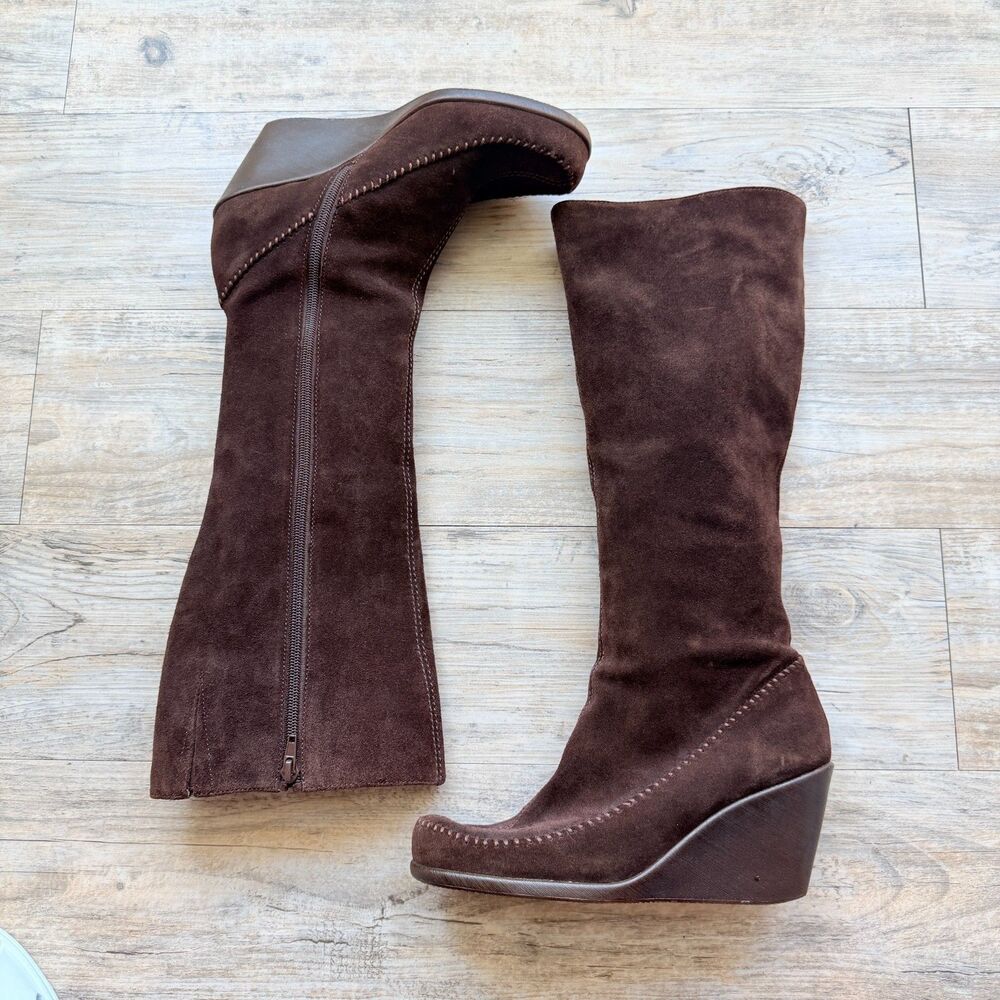 Y2K Boho Brown Suede Knee High Wedge Boots Whimsigoth Fairy Grunge Leather 8